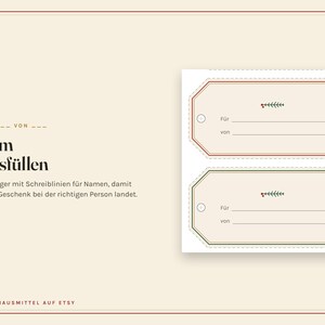 May include: Two rectangular gift tags with rounded corners and a small circular hole on the left side. Each tag features a cream background, a thin border, and a small green sprig with red berries. Text includes 'F&uuml;r' and 'von' with lines for writing.