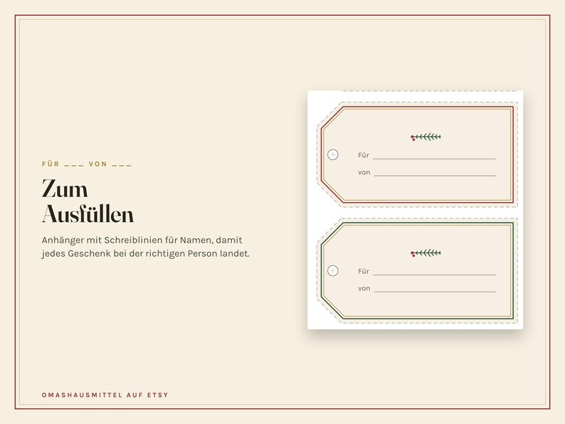 May include: Two rectangular gift tags with rounded corners and a small circular hole on the left side. Each tag features a cream background, a thin border, and a small green sprig with red berries. Text includes 'F&uuml;r' and 'von' with lines for writing.