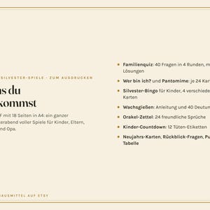 K&ouml;nnte beinhalten: Ein beiges digitales Dokument mit dem Titel Was du bekommst, das ein 18-seitiges A4-PDF mit Silvesterspielen beschreibt. Es enth&auml;lt ein Familienquiz, Pantomime, Bingo, Wachsgie&szlig;en, Orakel-Zettel, einen Kinder-Countdown sowie Neujahrs-Karten und Fragen.
