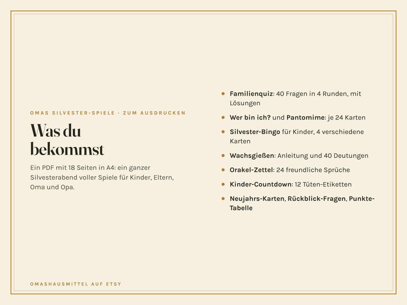 K&ouml;nnte beinhalten: Ein beiges digitales Dokument mit dem Titel Was du bekommst, das ein 18-seitiges A4-PDF mit Silvesterspielen beschreibt. Es enth&auml;lt ein Familienquiz, Pantomime, Bingo, Wachsgie&szlig;en, Orakel-Zettel, einen Kinder-Countdown sowie Neujahrs-Karten und Fragen.