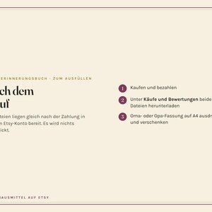 Op de afbeelding: Een digitale instructiekaart met een cr&egrave;mekleurige achtergrond en donkere tekst getiteld OMAS ERINNERUNGSBUCH - ZUM AUSF&Uuml;LLEN. Het beschrijft een proces in drie stappen voor het kopen en afdrukken van een herinneringsboek, inclusief het downloaden van PDF-bestanden.