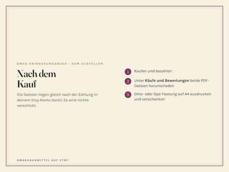 Op de afbeelding: Een digitale instructiekaart met een cr&egrave;mekleurige achtergrond en donkere tekst getiteld OMAS ERINNERUNGSBUCH - ZUM AUSF&Uuml;LLEN. Het beschrijft een proces in drie stappen voor het kopen en afdrukken van een herinneringsboek, inclusief het downloaden van PDF-bestanden.
