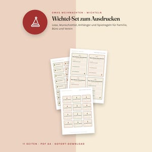 Peut inclure: Un ensemble de No&euml;l &agrave; imprimer comprenant trois feuilles de papier avec du texte et des graphiques. Le texte inclut OMAS WEIHNACHTEN WICHTELN, Wichtel-Set zum Ausdrucken, Lose, Wunschzettel, Anh&auml;nger und Spielregeln f&uuml;r Familie, B&uuml;ro und Verein, 11 SEITEN PDF A4 SOFORT-DOWNLOAD.