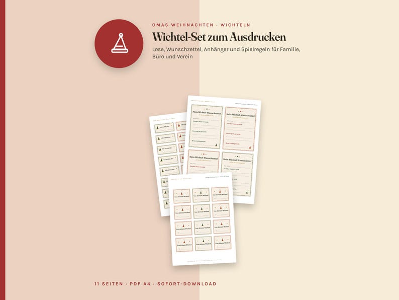 Peut inclure: Un ensemble de No&euml;l &agrave; imprimer comprenant trois feuilles de papier avec du texte et des graphiques. Le texte inclut OMAS WEIHNACHTEN WICHTELN, Wichtel-Set zum Ausdrucken, Lose, Wunschzettel, Anh&auml;nger und Spielregeln f&uuml;r Familie, B&uuml;ro und Verein, 11 SEITEN PDF A4 SOFORT-DOWNLOAD.