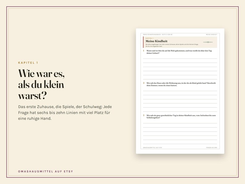 Op de afbeelding: Een dagboekpagina getiteld Kapitel 1 Meine Kindheit met de kop Wie war es, als du klein warst? De pagina bevat drie genummerde vragen in het Duits, elk gevolgd door horizontale lijnen om op te schrijven, tegen een lichte cr&egrave;mekleurige achtergrond.