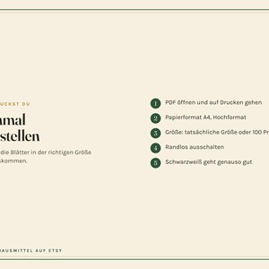 K&ouml;nnte beinhalten: Eine Anleitungsgrafik auf cremefarbenem Hintergrund mit dunkelgr&uuml;nem Rand. Der Text lautet: SO DRUCKST DU Einmal einstellen. F&uuml;nf nummerierte gr&uuml;ne Kreise enthalten Anweisungen zum Drucken eines PDFs im A4-Format bei 100 Prozent Skalierung.