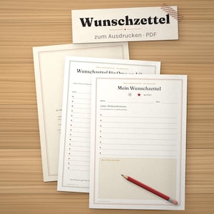 Puede incluir: Tres plantillas de listas de deseos en papel blanco con bordes rojos y texto en negro que incluye las palabras Wunschzettel, Mein Wunschzettel y Wunschzettel f&uuml;r Oma und Opa. Un l&aacute;piz rojo con goma gris descansa sobre la p&aacute;gina frontal.