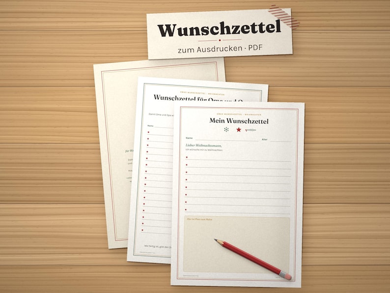 Puede incluir: Tres plantillas de listas de deseos en papel blanco con bordes rojos y texto en negro que incluye las palabras Wunschzettel, Mein Wunschzettel y Wunschzettel f&uuml;r Oma und Opa. Un l&aacute;piz rojo con goma gris descansa sobre la p&aacute;gina frontal.