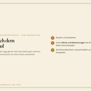 K&ouml;nnte beinhalten: Eine beige digitale Anleitungskarte mit dem Titel Omas Silvester-Spiele zum Ausdrucken. Sie beschreibt einen dreistufigen Prozess: Kaufen und bezahlen, Unter K&auml;ufe und Bewertungen die PDF-Datei herunterladen und Auf A4 ausdrucken, ausschneiden und losspielen.