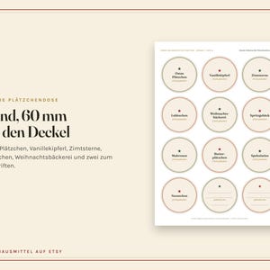 May include: A sheet of twelve circular adhesive labels, each 60 mm in diameter, featuring various German cookie names like Omas Pl&auml;tzchen, Vanillekipferl, and Zimtsterne, with two blank labels for custom writing, all arranged in a four-by-three grid.