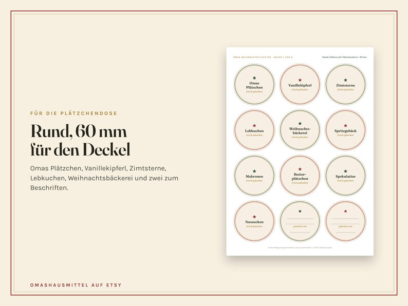 May include: A sheet of twelve circular adhesive labels, each 60 mm in diameter, featuring various German cookie names like Omas Pl&auml;tzchen, Vanillekipferl, and Zimtsterne, with two blank labels for custom writing, all arranged in a four-by-three grid.