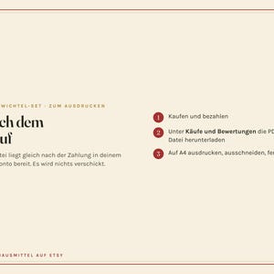 Peut inclure: Un graphique d'instructions num&eacute;rique sur fond cr&egrave;me avec une fine bordure rouge. Le texte indique OMAS WICHTEL-SET - ZUM AUSDRUCKEN, Nach dem Kauf, et pr&eacute;sente trois &eacute;tapes num&eacute;rot&eacute;es pour t&eacute;l&eacute;charger et imprimer un fichier PDF depuis un compte Etsy.