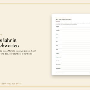 May include: A white planner page titled Das Jahr in Stichworten with a list of months from Januar to Dezember, each followed by two blank lines for notes. The text is in German, organised in a clean layout with a header and footer on a cream background.