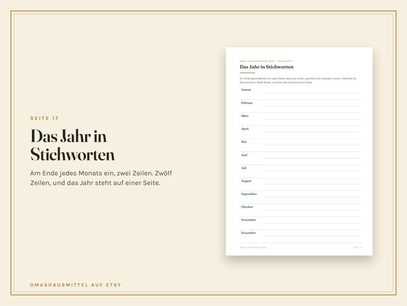 May include: A white planner page titled Das Jahr in Stichworten with a list of months from Januar to Dezember, each followed by two blank lines for notes. The text is in German, organised in a clean layout with a header and footer on a cream background.