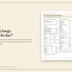 Küchen Spickzettel zum Ausdrucken, Umrechnungstabelle, Garzeiten, Saisonkalender, Mengen pro Person, Haltbarkeit, PDF A4 Bild 5