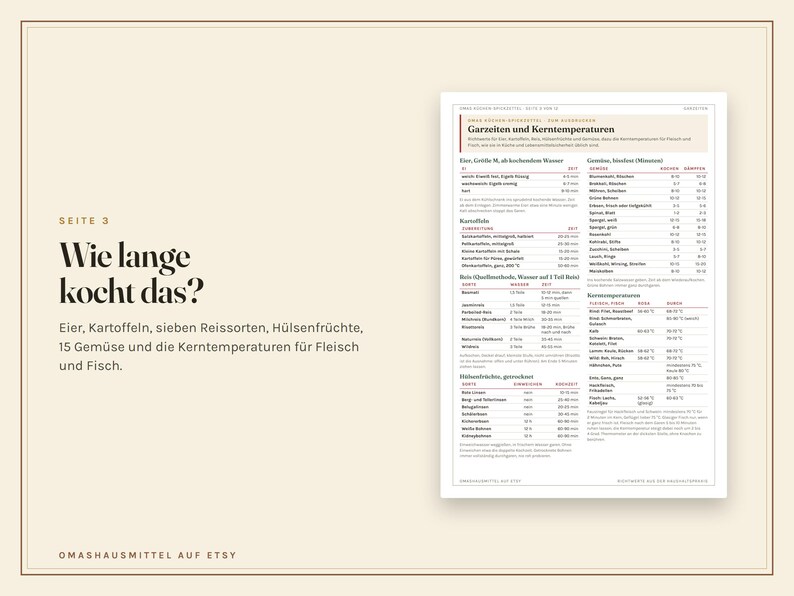 Küchen Spickzettel zum Ausdrucken, Umrechnungstabelle, Garzeiten, Saisonkalender, Mengen pro Person, Haltbarkeit, PDF A4 Bild 5