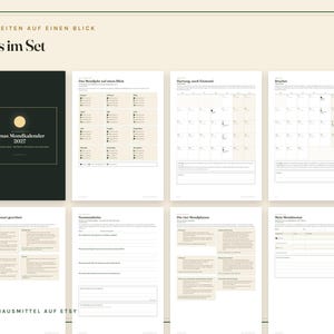 K&ouml;nnte beinhalten: Ein Set aus druckbaren Kalenderseiten mit dem Titel Omas Mondkalender 2027, bestehend aus einem schwarzen Deckblatt mit Mondgrafik und sieben wei&szlig;en Innenseiten mit Tabellen, Texten und Kalenderrastern zur Verfolgung von Mondphasen und Gartenarbeit.