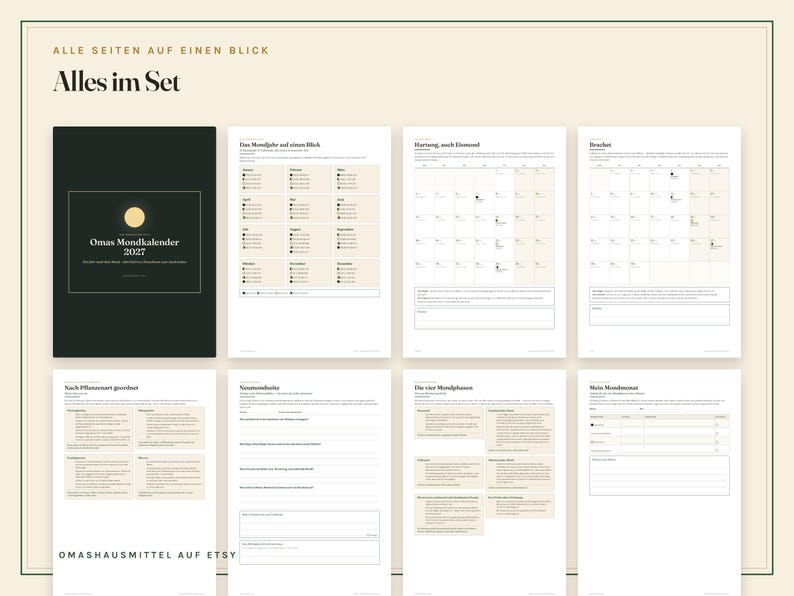 K&ouml;nnte beinhalten: Ein Set aus druckbaren Kalenderseiten mit dem Titel Omas Mondkalender 2027, bestehend aus einem schwarzen Deckblatt mit Mondgrafik und sieben wei&szlig;en Innenseiten mit Tabellen, Texten und Kalenderrastern zur Verfolgung von Mondphasen und Gartenarbeit.