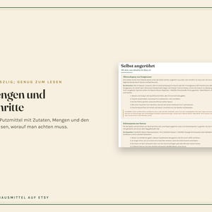 May include: A beige informational graphic featuring the German text 'GROSSZUGIG GENUG ZUM LESEN', 'Mengen und Schritte', and 'Omas Putzmittel mit Zutaten, Mengen und den Hinweisen, worauf man achten muss'. A white box displays cleaning recipes.