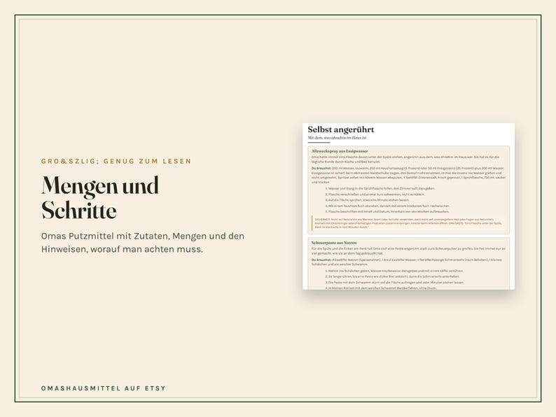 May include: A beige informational graphic featuring the German text 'GROSSZUGIG GENUG ZUM LESEN', 'Mengen und Schritte', and 'Omas Putzmittel mit Zutaten, Mengen und den Hinweisen, worauf man achten muss'. A white box displays cleaning recipes.