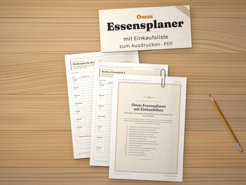 Essensplaner zum Ausdrucken, Wochenplan Essen, Einkaufsliste, Monatsplan, Vorratsliste, Menüplan Familie, Resteküche, PDF A4 Bild 1