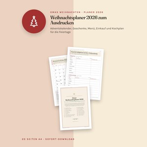 May include: A printable 2026 Christmas planner featuring a red circular icon with a white tree. The document includes pages for an advent calendar, gift tracking, menu planning, shopping lists, and cooking schedules for the holiday season.