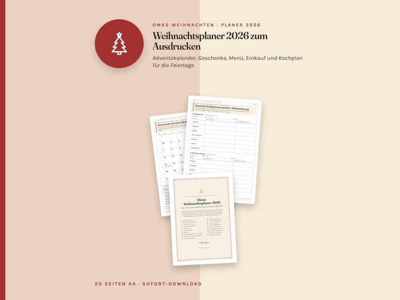 May include: A printable 2026 Christmas planner featuring a red circular icon with a white tree. The document includes pages for an advent calendar, gift tracking, menu planning, shopping lists, and cooking schedules for the holiday season.