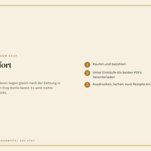 May include: A beige informational graphic with dark brown text explaining a digital download process. The text reads: NACH DEM KAUF, Sofort da, Die Dateien liegen gleich nach der Zahlung in deinem Etsy-Konto bereit. Es wird nichts verschickt. 1 Kaufen und bezahlen, 2 Unter Eink&auml;ufe die beiden PDFs herunterladen, 3 Ausdrucken, lochen, eure Rezepte eintragen, OMASHAUSMITTEL AUF ETSY.