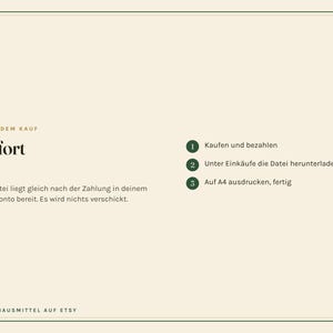 K&ouml;nnte beinhalten: Eine digitale Anleitungsgrafik auf cremefarbenem Hintergrund mit dunkelgr&uuml;nem Rand. Der Text lautet: NACH DEM KAUF, Sofort da, Die Datei liegt gleich nach der Zahlung in deinem Etsy-Konto bereit. Es wird nichts verschickt. 1 Kaufen und bezahlen, 2 Unter Eink&auml;ufe die Datei herunterladen, 3 Auf A4 ausdrucken, fertig. OMASHAUSMITTEL AUF ETSY.