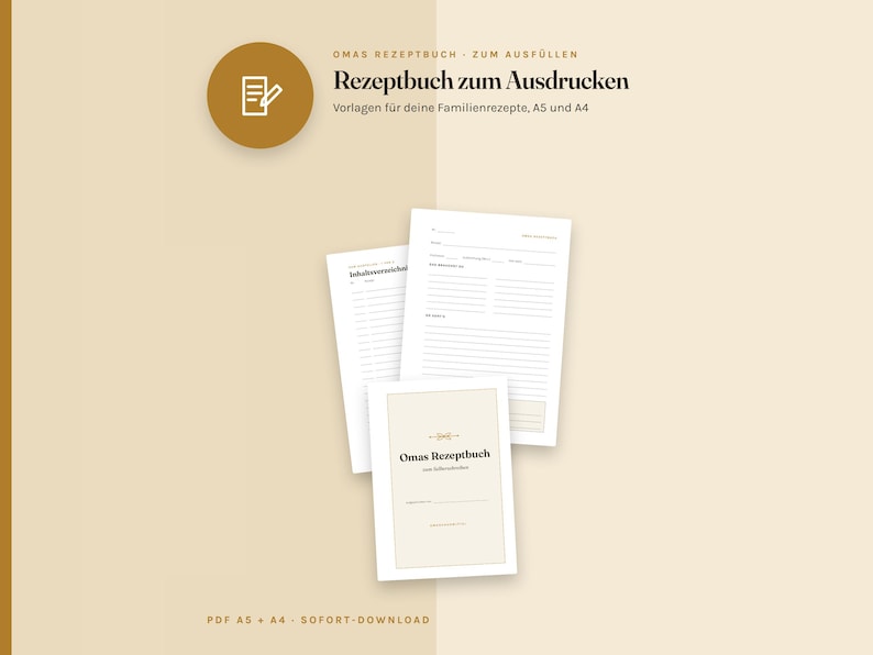 May include: A printable recipe book template featuring white pages with black text and lines for writing. The cover reads Omas Rezeptbuch zum Ausf&uuml;llen. The set includes A5 and A4 formats with sections for ingredients and instructions, presented against a light beige background.