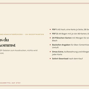 K&ouml;nnte beinhalten: Eine digitale Informationskarte mit dem Titel Omas Weihnachtsb&auml;ckerei mit 24 Rezeptkarten. Sie enth&auml;lt Details zu zwei PDF-Dateien, A5- und A4-Formaten, 24 Pl&auml;tzchensorten mit Mengen, Backofeneinstellungen, Aufbewahrung, Allergenen und Sofort-Download.