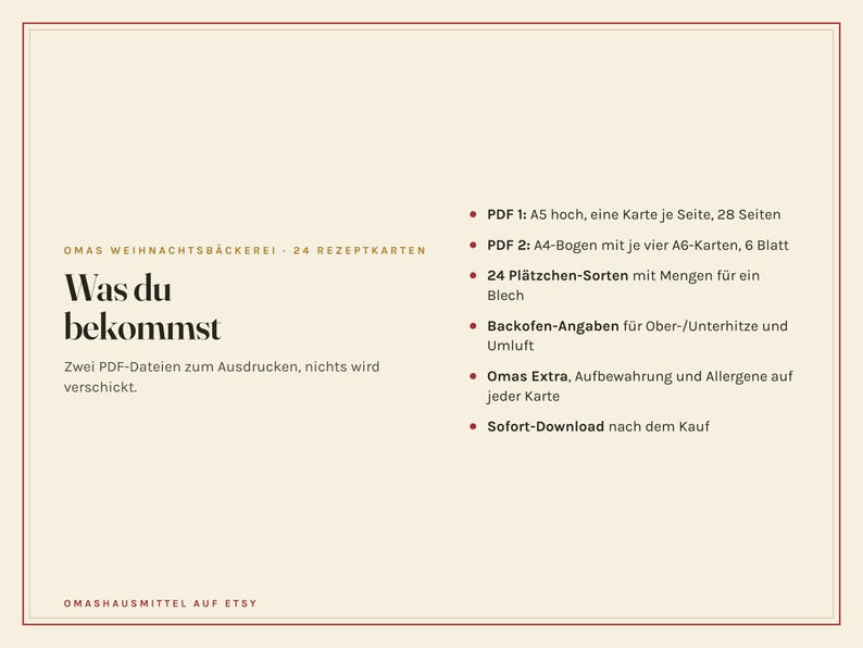 K&ouml;nnte beinhalten: Eine digitale Informationskarte mit dem Titel Omas Weihnachtsb&auml;ckerei mit 24 Rezeptkarten. Sie enth&auml;lt Details zu zwei PDF-Dateien, A5- und A4-Formaten, 24 Pl&auml;tzchensorten mit Mengen, Backofeneinstellungen, Aufbewahrung, Allergenen und Sofort-Download.