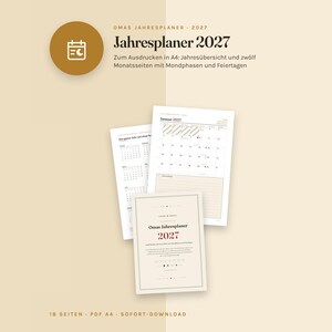 May include: A 2027 annual planner printable in A4 format, featuring a cover page titled Omas Jahresplaner 2027, a monthly calendar page for January 2027, and an annual overview page, all displayed against a light beige background with text.