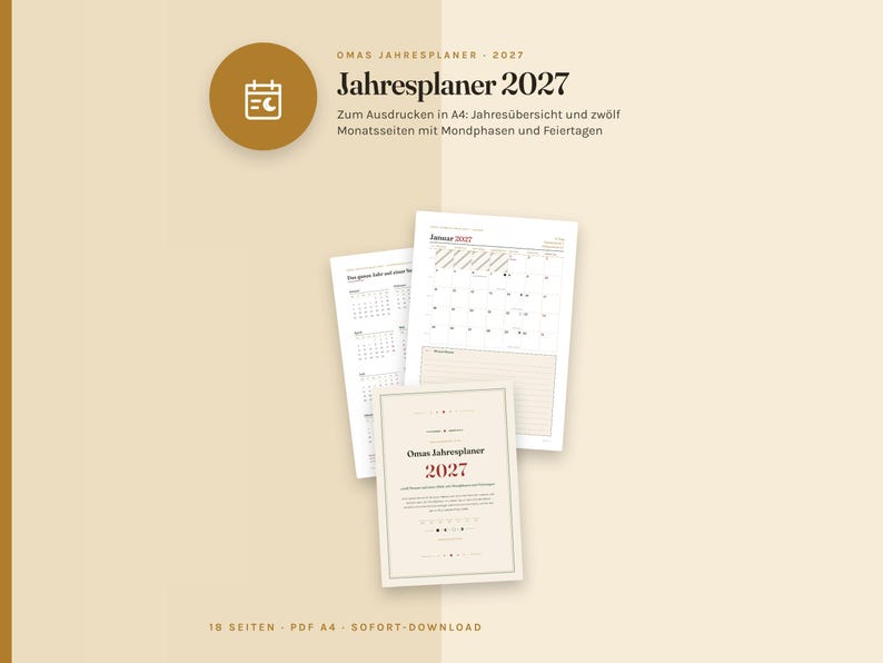 May include: A 2027 annual planner printable in A4 format, featuring a cover page titled Omas Jahresplaner 2027, a monthly calendar page for January 2027, and an annual overview page, all displayed against a light beige background with text.