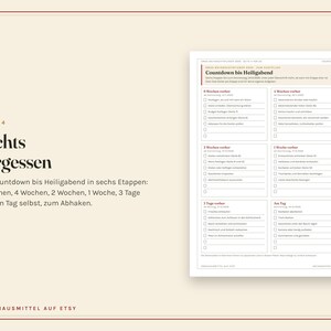 May include: A printable checklist titled Countdown bis Heiligabend featuring six stages of holiday preparation tasks. The document includes boxes for checking off items across a timeline from six weeks before to the day of Christmas, with German text.