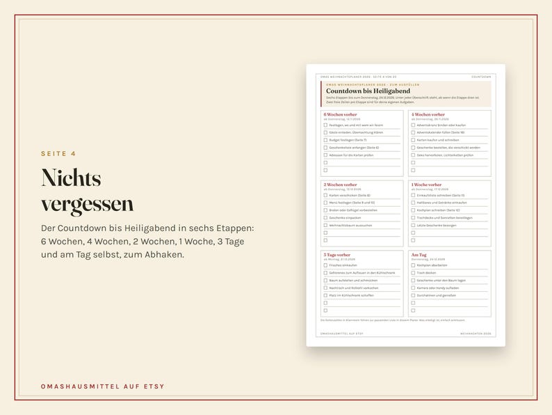 May include: A printable checklist titled Countdown bis Heiligabend featuring six stages of holiday preparation tasks. The document includes boxes for checking off items across a timeline from six weeks before to the day of Christmas, with German text.