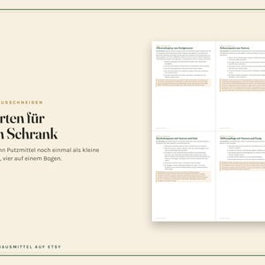 May include: A printable sheet featuring four informational cards with German text titled Karten f&uuml;r den Schrank, Zum Ausschneiden, Allzweckspray aus Essigwasser, Scheuerpaste aus Natron, Backofenpaste mit Natron und Salz, and Abflusspflege mit Natron und Essig.