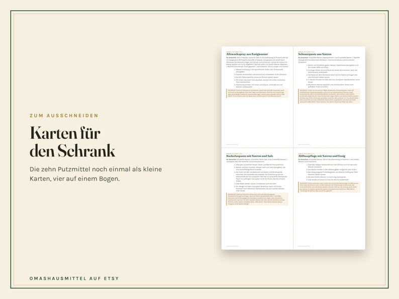 May include: A printable sheet featuring four informational cards with German text titled Karten f&uuml;r den Schrank, Zum Ausschneiden, Allzweckspray aus Essigwasser, Scheuerpaste aus Natron, Backofenpaste mit Natron und Salz, and Abflusspflege mit Natron und Essig.