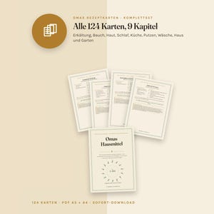 以下が含まれることがあります： Omas Hausmittelと題された124枚のレシピカードセット。Erk&auml;ltung、Bauch、Haut、Schlaf、K&uuml;che、Putzen、W&auml;sche、Haus und Gartenを含む9つの章で構成されています。カードはライトベージュの色調で、ダークブラウンの文字が印刷されています。