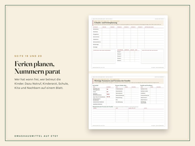 Peut inclure: Un ensemble de deux pages de planification imprimables comprenant un calendrier de vacances sur la feuille sup&eacute;rieure et une liste de contacts et de rendez-vous familiaux sur la feuille inf&eacute;rieure. Le texte inclut 'Urlaubs- und Ferienplanung' et 'Wichtige Nummern und Termine der Familie' avec des grilles organis&eacute;es pour suivre les dates, les noms et les informations de contact d'urgence.