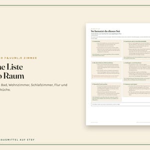 May include: A white informational document titled 'So benutzt du dieses Set' featuring a list of six numbered instructions in German, organised into a grid with light tan boxes, detailing household cleaning steps for various rooms.