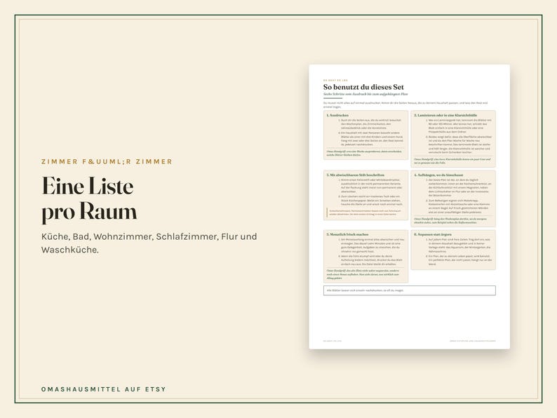 May include: A white informational document titled 'So benutzt du dieses Set' featuring a list of six numbered instructions in German, organised into a grid with light tan boxes, detailing household cleaning steps for various rooms.