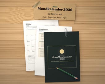 Mondkalender 2026 deutsch zum Ausdrucken, Aussaatkalender 2026, Mondphasen Kalender, Gartenplaner 2026, Haarkalender PDF A4