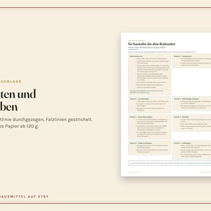 Peut inclure: Un document d'instruction beige intitul&eacute; Tutenvorlage avec du texte noir d&eacute;taillant les &eacute;tapes de pliage et de collage pour un projet de calendrier. Il pr&eacute;cise l'utilisation de papier &agrave; partir de 120 g et inclut sept &eacute;tapes num&eacute;rot&eacute;es.