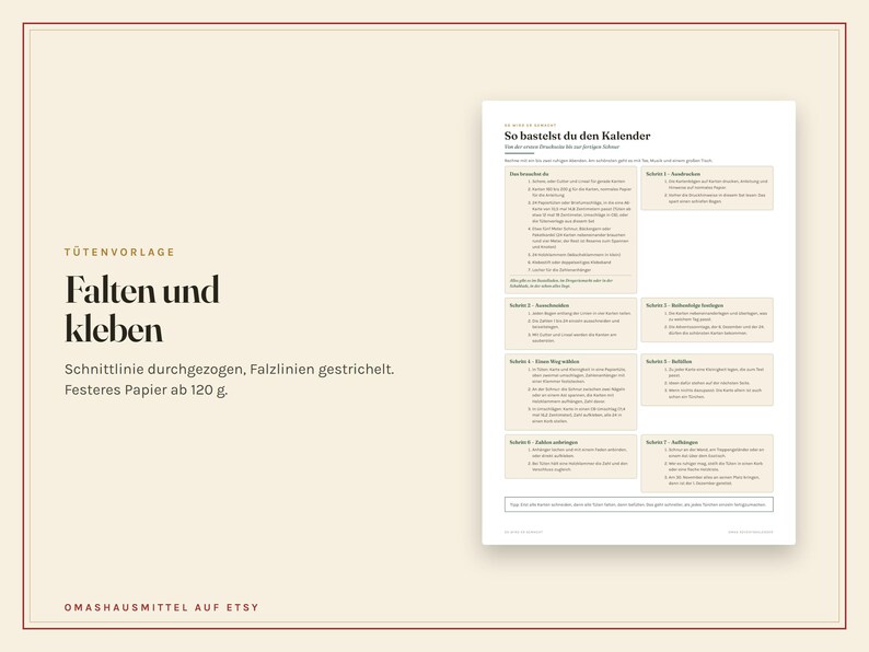 Peut inclure: Un document d'instruction beige intitul&eacute; Tutenvorlage avec du texte noir d&eacute;taillant les &eacute;tapes de pliage et de collage pour un projet de calendrier. Il pr&eacute;cise l'utilisation de papier &agrave; partir de 120 g et inclut sept &eacute;tapes num&eacute;rot&eacute;es.