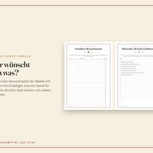 Puede incluir: Una p&aacute;gina de planificador digital beige con dos secciones: una tabla titulada Familien-Wunschzettel con casillas de verificaci&oacute;n para tareas, y una lista titulada W&uuml;nsche, die kein Geld kosten, que incluye siete ejemplos de deseos sin coste.