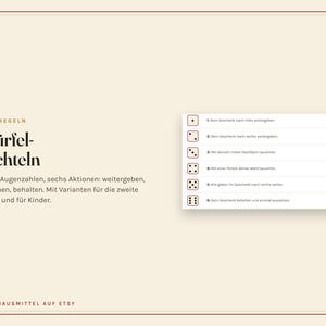 Peut inclure: Une carte d'information beige intitul&eacute;e W&uuml;rfelwichteln avec du texte noir expliquant les r&egrave;gles d'un jeu de d&eacute;s. Un encadr&eacute; blanc &agrave; droite liste six actions correspondant aux faces d'un d&eacute; de un &agrave; six, d&eacute;taillant les instructions de jeu.