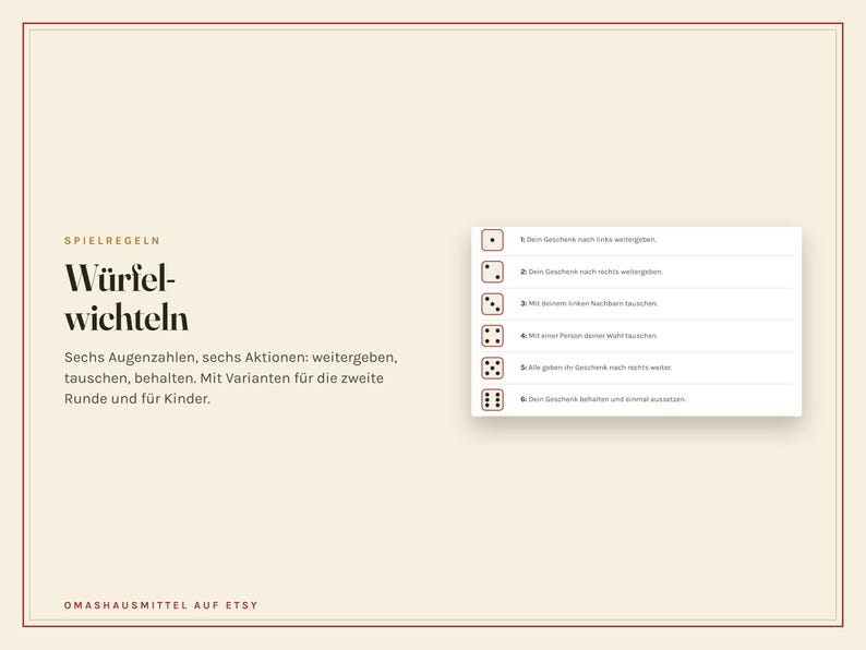 Peut inclure: Une carte d'information beige intitul&eacute;e W&uuml;rfelwichteln avec du texte noir expliquant les r&egrave;gles d'un jeu de d&eacute;s. Un encadr&eacute; blanc &agrave; droite liste six actions correspondant aux faces d'un d&eacute; de un &agrave; six, d&eacute;taillant les instructions de jeu.