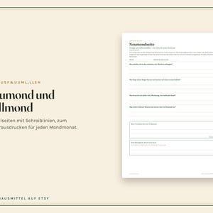K&ouml;nnte beinhalten: Eine druckbare Journal-Seite mit dem Titel Neumondseite und deutschem Text, die strukturierte Abschnitte zum Schreiben, linierte Bereiche f&uuml;r Reflexionen sowie zwei rechteckige K&auml;sten f&uuml;r Notizen auf einem wei&szlig;en Hintergrund mit schwarzer Schrift bietet.