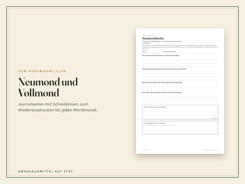 K&ouml;nnte beinhalten: Eine druckbare Journal-Seite mit dem Titel Neumondseite und deutschem Text, die strukturierte Abschnitte zum Schreiben, linierte Bereiche f&uuml;r Reflexionen sowie zwei rechteckige K&auml;sten f&uuml;r Notizen auf einem wei&szlig;en Hintergrund mit schwarzer Schrift bietet.
